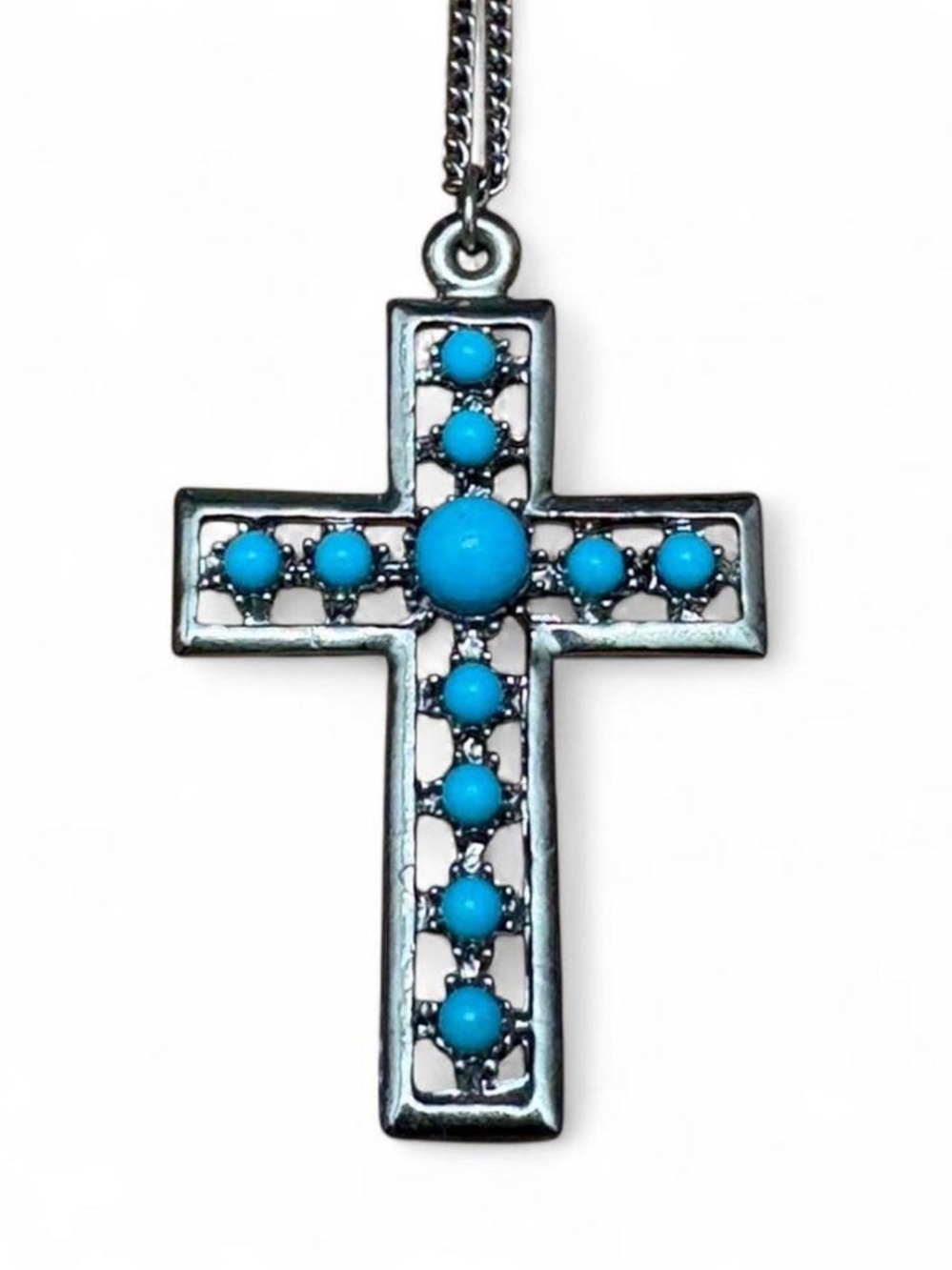 Turquoise Cross Pendant Necklace on 18.5” Silver-tone Chain